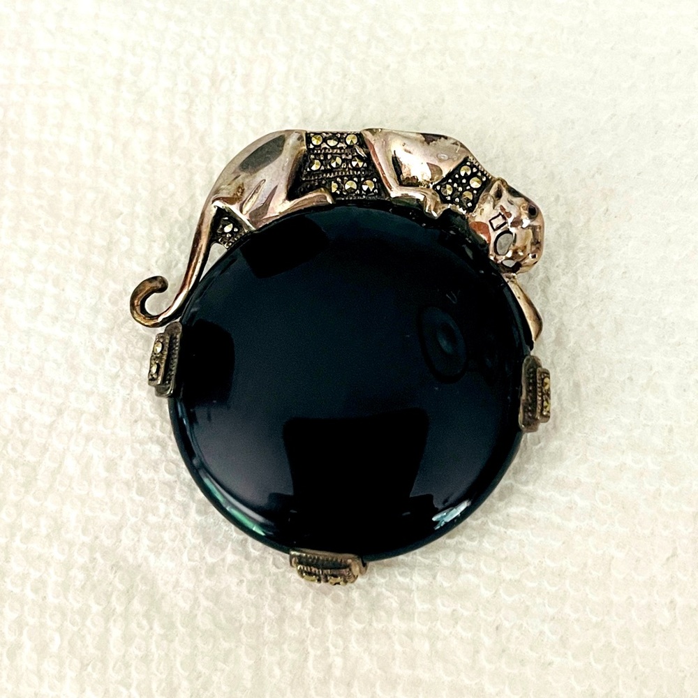 Vintage Sterling and Onyx Panther Pin